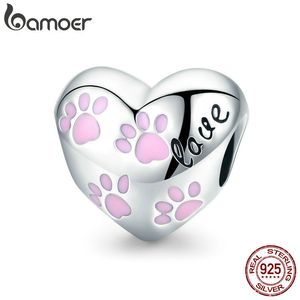 BAMOER Trendy New 925 Sterling Silver Love Animal Dog Footprints in Heart Shape Beads Fit Women Bracelets DIY Jewelry SCC768 Q0531