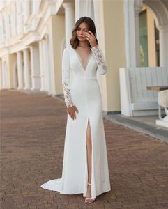 Eleganti abiti da sposa a sirena bianca con spacco sul davanti Abiti da sposa maniche lunghe in raso Vestido De Novia Appliques in pizzo scava fuori abito da sposa ricevimento