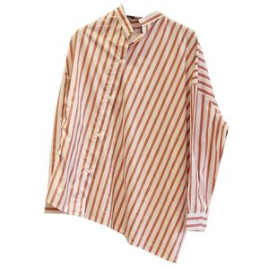 Women's Blouses & Shirts Orange White Stripped Cotton Oversized Asymmetric Shirt Diagonal Collar LONG Sleeves With Buttoned FASHION TOPS Blo