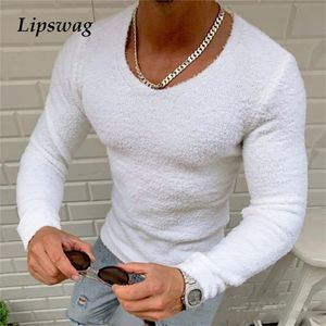 Höst Casual Långärmad V-Neck T-shirts Men Fashion Solid Stickad Tee Mens Fleece Toppar Pullover Streetwear 220309