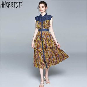 Verão Moda Elegante Mulheres Chiffon Floral Sem Mangas Stitching Denim Dress 210531