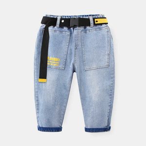 Baby Letter Jeans Spring Children's Clothing Kids Big Pocket Demi Pants With Belt Teens Casual Loose Trousers For Boys 210529