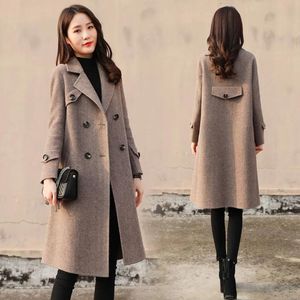 Damen-Wollmischungen, elegante mittellange Mäntel, Winter, koreanische Mode, schicker Wollmantel, Herbst, klassischer Anzugkragen, braune Kleidung