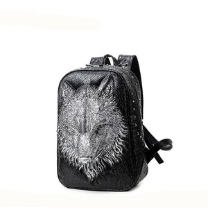 Mochila de cabeça de lobo 3D para homens e mulheres, bolsas de ombro legais para adolescentes, bolsas escolares de couro para laptop para meninos