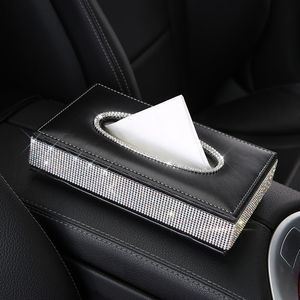 Bling Crystal car tissue Luxury PU Leather Auto Paper Box Holder Cover Case Tray for Home Office Automotive