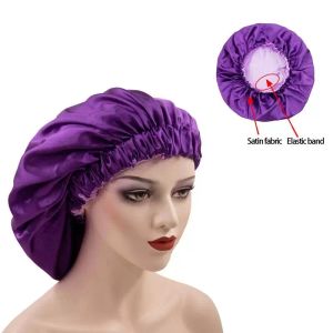 Czapka / Czapki Czapki Solid Color Reversible Silky Satin Bonnet Podwójna Warstwa Sen Night Cap Head Cover Hat Hat Do Kręcone Springy Hair Black