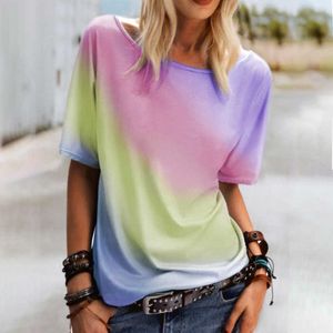 Mulheres de verão impressão camisa em torno do pescoço três cor tie-tintura t-shirt estilo rua confortável senhoras soltas tops 210608