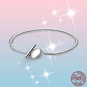 Femme Bracelet 925 Sterling Silver Moments Heart T-Bar Snake Chain Bangle for Women Fine Jewelry Gift Pulseira