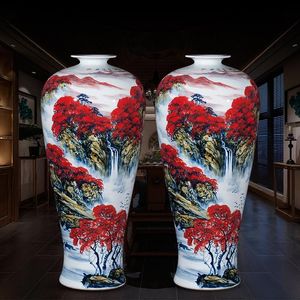 Vases 85CM Jingdezhen Ceramic Vase Landing Decoration Home Chinese Red Hand Painted Pastel Landscapes Large Porcelain