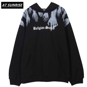 Hands Religion Sucks Print Fleece Hooded Sweatshirts Hoodies Hipster Hoodie Punk Rock Pullover Tops Casual black Hoodie 210715