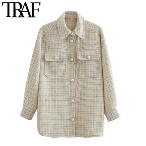 TRAF Kadınlar Moda Boy Faux İnci Düğmeler Ceket Kaban Vintage Uzun Kollu Cepler Kadın Giyim Şık Tops