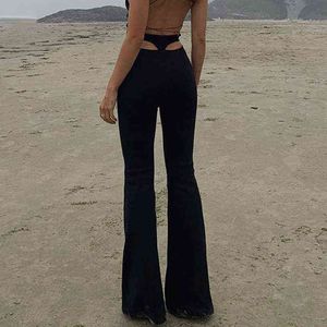 Elegant Cotton Knitted Flared Pants Women Sexy White Black Hollow Out High Waist Long Trousers Ladies Casual Pantalon Hiver 211124