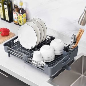 Adjustable Stainless Steel Kitchen Dish Drying Rack Plates Organizer Drainer Dinnerware Cutlery Storage Container Holder 211112