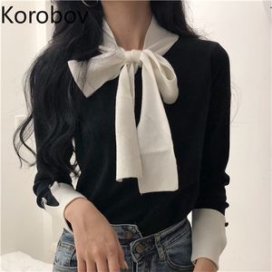 Korobov Korean snörning Bow Sweet Women Pullovers Hit Color Grundläggande långärmad kvinnliga tröjor Elegant lapptäcke Sueter Mujer 79063 210917