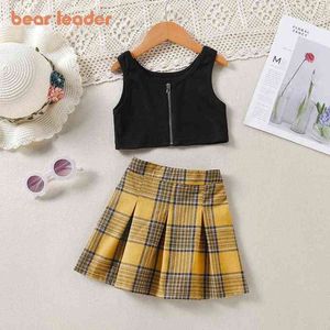 Bear Leader Kids Summer Costumes Baby Girl Fashion Outfit Children's Casual Clothing Black Vest And Plaid Skirt Clothes Suits Y220310
