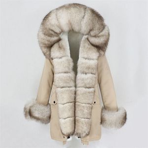 Oftbuy Mode Vinterjacka Kvinnor Real Fur Coat Naturlig Real Fox Fur Collar Loose Long Parkas Big Fur Ytterkläder Avtagbar 210927