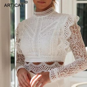 Women's Blouses & Shirts Elegant White Women Lace Blouse Shirt Sexy Hollow Out Embroidery Slim Crop Top Blusas Long Sleeve Casual Tops Chic