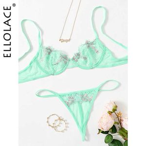 Ellolace Lingerie Sexy Underwear Women Underwire Bra and Thongs Mint Green Sensual Lingerie Woman Floral Sexy Set Woman 2 Pieces Q0705