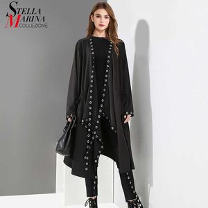 Koreańska kobieta Solidna Czarny Unikalny Cape Style Jacket Open Design Duży Rozmiar Długie Taśmy Otwory Panie Luźna Kurtka Cloak 3843 210928