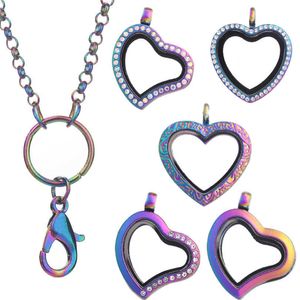 10pcs/lot Rainbow color all Heart styles Magnetic Memory Living Floating charms Locket Necklace Jewelry Women with 60CM Chain X0707