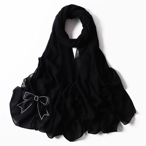 Decoração de arco preta chiffon hijab lenço mulheres lenços muçulmanos popular xale bandana turbante estilo