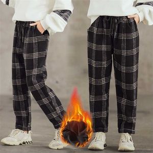 Teenage Girls Plaid Pants Winter Casual Woolen Fleece Thick Retro Kids School Children Trousers 12 13 14 15 Years 211103