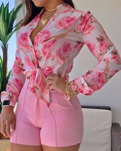 Women Blouses pink Shirts Women Long Sleeve Floral Printed Tie Knot Top pants Casual Spring Autumn Female 2 piece set