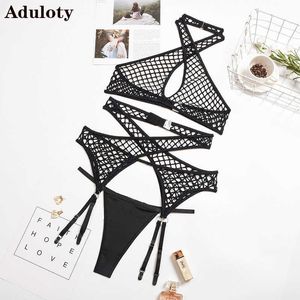 Aduloty Summer New Women's Mesh Ing Fishing Net Hollow Out Set Thin Gathered Erotic Lingerie Bra Thong Three Piece Set Q0705