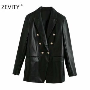 Zevity女性のファッションダブルブレストブラックPUレザーブレザーコートオフィスレディース長袖アウトウェアスーツコート秋トップスCT589 210603