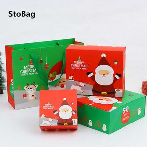 StoBag 10pcs Christmas Santa Claus Green/Red Handle Paper Bags For Baking Cookies Chocolate Package Supplies Cake Decoration 210602