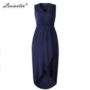 Leviortin Designer Party Dress Irregolare Split Slash Sexy Profondo scollo a V Elegante abito longuette senza maniche Abito estivo da donna Club Wear 210527