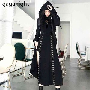 HARAJUKU Kadınlar İki Adet Set Serin Streetwear Kızlar Siyah Takım Elbise Seksi Uzun Elbise Kırpma Hoodies Yüksek Bölünmüş Kıyafetler 210601