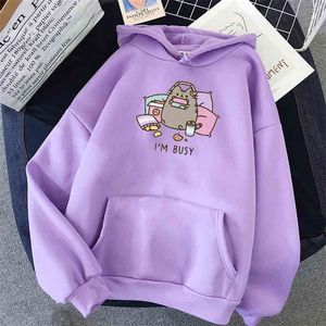 Rolig katten hoodie kvinnor mode kawaii koreanska hajuku sweatshirt kvinnlig 90s tecknad kläder huva överdimensionerade tjejer 210805