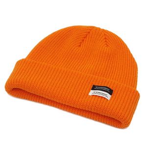 Autumn Winter Men's Ribbed Knit Skull Cap Women Beanie Cuff Hat with Tag Toque Dark Grey Orange White Black Blue-green Pink Y21111