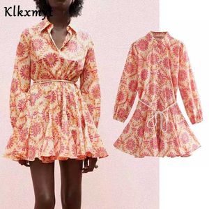 KLKXMYT ZA Yaz Elbise Kadınlar Vintage Çiçek Baskı Ruffles Mini Gömlek Elbiseler Kadın Şık Göğüslü Lace Up Sashes Vestidos 210527