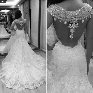 Gorgeous Mermaid Wedding Dresses Crystals Beaded Bridal Gown Jewel Neck Lace Applique Illusion Back Custom Made Tulle Vestido De Novia 403