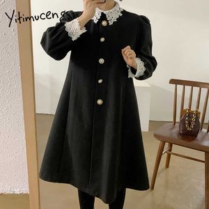 Yitimuceng Vintage Dresses for Women Button Korean Fashion Midi Dress Long Sleeve Peter Pan Collar Apricot Black Spring 210601