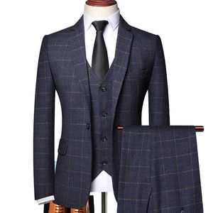 (Blazer + kamizelki + spodnie) High-End Marka Moda Plaid Męski Formalny Garnitur Business 3PEC Groom Suknia Ślubna Tuxedo Casual Suit X0909