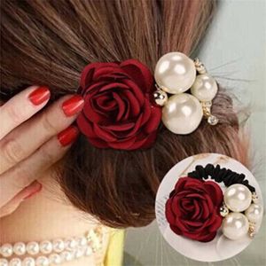 Moda Donna Rose Elastic Bands Big Strass Imitazione Perle Flower Corda Charms Accessori per capelli in gomma