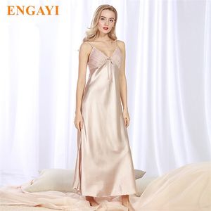 Engelska Märke Lång Kvinnor Sommarklänning Plus Storlek Sexig Lace Nightgown Silk Satin NightDress Night Gown Nightwear CQ311 Q190513