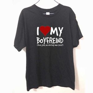 Erkek Arkadaşı Tee Shirt toptan satış-Benim erkek arkadaşımı seviyorum evet bana beni satın aldı kız arkadaşı komik doğum günü hediyesi komik mizah t shirt erkek t gömlek büyük tee unisex