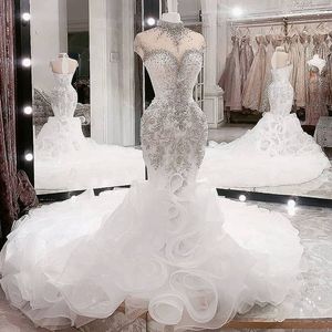 2021 плюс размер арабский aso ebi роскошный бисец кристаллы свадебные платья высокие шеи русалка свадебные платья явные шеи свадебные платья zj935