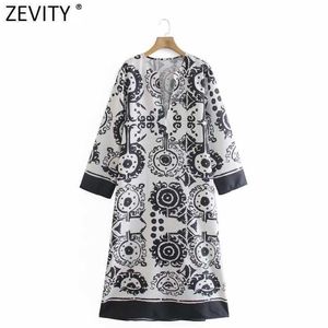 Zevity Frauen Vintage V-Ausschnitt Totem Blumendruck Kontrastfarbe Hemdkleid Chic Weiblich Lässig Gerade Kimono Vestido DS8369 210603