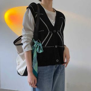 Gilet maglione senza maniche con scollo a V geometrico primaverile da donna cardigan monopetto lavorato a maglia sciolto casual 210607