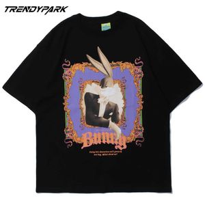 Мужская футболка забавный мультфильм г-н Кролик напечатанный летний с коротким рукавом хип-хоп негабаритные хлопковые повседневные Harajuku Streetwear Top Thirts 210601