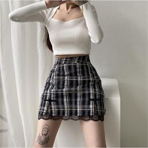 Kjolar Kvinnor Mini Plaid Print Knappar Casual A Line High Waist Lace Hem Slim Fit Short Skirt Femme School Style Girls