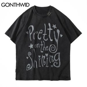 GONTHWID T-Shirts Streetwear Star Heart Distressed Ripped Destroyed Holes Short Sleeve Tshirts Men Hip Hop Punk Rock Gothic Tops C0315