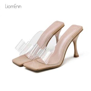 Hausschuhe Sommer PVC Transparent Frauen Dünne High Heels Bogen Knoten Outdoor Casual Sexy Karree Party Schuhe 220308