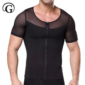 Mężczyźni Postawa Correktor Shaper Gynecomastia Topy Odchudzanie Koszula brzuszna Krótkie Rękawy Tummy Trymer Gorset Zipper Kontrola Brzucha