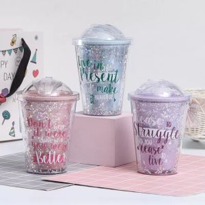 Summer Ice Cup Blue Pink Purple Water Bottle With Lid and Straws 600ml Outdoor Water Drinkware CG001